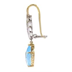Pair of 18ct gold and silver blue topaz and diamond pendant earrings, pear cut blue topaz suspended from diamond set kite surmounts, total diamond weight approx 0.40 carat