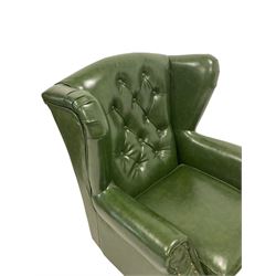 Georgian style wingback armchair, upholstered in buttoned green fabric with stud work, turned front feet