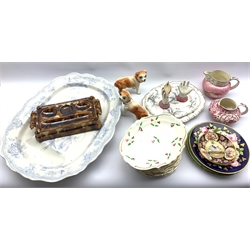 Pair of Staffordshire dogs with glass eyes, 19th Century treacle glaze ink stand, 19th Century Derby thistle patterned part dessert service, two pink lustre jugs, pair 19th Century hand painted plates, large meat plate etc