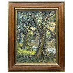 Manner of Ronald Ossory Dunlop (British 1894-1973): Figure Seated Beneath Tree next to River, oil on board inscribed verso 36cm x 28cm