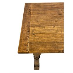 17th century design oak refectory dining table, rectangular plank top over frieze rail, raised on turned supports