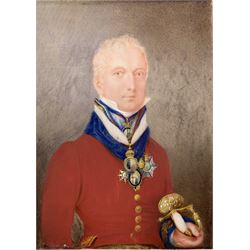 H Harding - Portrait miniature, watercolour on ivory of a Gentleman wearing a scarlet tunic, orders and decorations signed and dated 1824  with old paper label verso 12cm x 9cm. This item has been registered for sale under Section 10 of the APHA Ivory Act