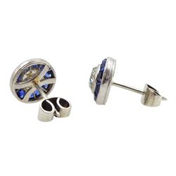 Pair of 18ct white gold and platinum milgrain set, calibre cut sapphire and old cut diamond target stud earrings, total diamond weight approx 1.00 carat