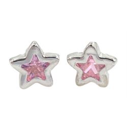 Pair of 9ct white gold pink star stud earrings, stamped