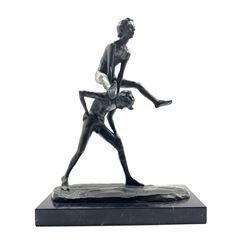 20th century bronze group depicting two male figures playing leap frog, signed Otto with Foundry seal, on rectangular marble plinth, L28cm x H36cm 