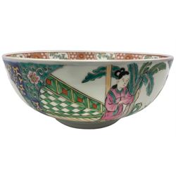 20th century Chinese polychrome decorated bowl with panels of figures in a garden, floral interior D27cm
