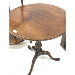 Georgian mahogany tilt top occasional table, single plank circular top with snap top and bird cage, turned column raised on three splayed supports (D59cm) together with a 19th century mahogany wall hanging cupboard with two open shelves, (H97cm) and a Victorian walnut four tier waterfall whatnot (H120cm) 