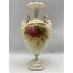 Early 20th century Royal Worcester vase by Sedgley, of ovoid form with twin acanthus and scroll mounted handles, the body hand painted with roses, signed Sedgley, upon pedestal base, faded blue printed marks beneath, H31cm