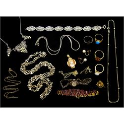 9ct gold jewellery including three stone set rings, pair of pearl screw back earrings, silver-gilt bohemian garnet bracelet and silver jewellery including, marcasite and pearl grape vine necklace, chains, ring, bracelet and Rotary marcasite ladies wristwatch 