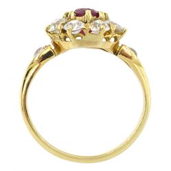 18ct gold ruby and old cut diamond cluster ring, total diamond weight approx 1.25 carat