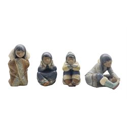 Series of four Lladro Gres figures 'Arctic Winter' No2156, 'Eskimo Girl with Cold Feet' No2157, 'Pensive Eskimo Girl' No2158 and 'Pensive Eskimo Boy' No 2159 tallest H19cm (4) 