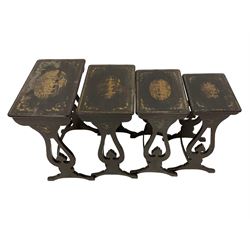 19th century chinoiserie design lacquered nest of four occasional tables, rectangular top with gilt painted pagoda scenes with figures and foliate borders, raised on pierced vasiform end supports with re-entrant club shape, on shaped sledge feet united by curved front stretcher