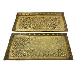 Attributed to the Keswick School of Industrial Art - Pair of graduated brass rectangular trays with embossed leaf decoration with a 'ball' border, larger tray 56cm x 30cm