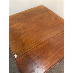 Victorian mahogany Pembroke table, the drop leaf top over one drawer and faux drawer opposite, raised on turned supports terminating in brass castors 