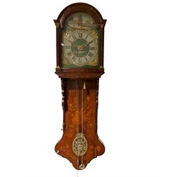 Dutch - 19th century 30-hr wall clock mounted on an inlaid mahogany bracket, painted break arch dial with Roman numerals and four seasons brass spandrels, weight driven bird-cage movement striking the hours on a bell, with alarm and setting disc. With pendulum and weights.
