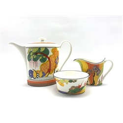 Wedgwood limited edition Clarice Cliff Design 'The Connoisseur Collection' comprising a 'Cornwall' coffee pot, 'Windbells' milk jug and 'Secrets' sugar bowl, with certificate of authenticity and box