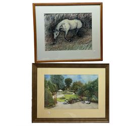 Box of 8 pictures in gold frames, including hand drawn landscapes and two large pastels 