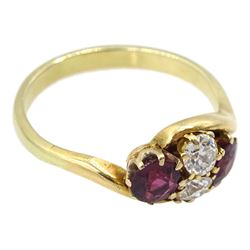 14ct gold two stone old cut diamond and two stone ruby cluster ring, total diamond weight approx 0.30 carat