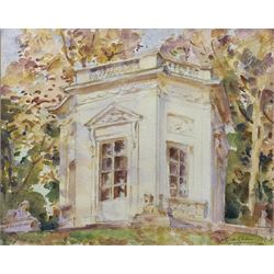 Wilfrid Gabriel de Glehn (British 1870-1951): The Belvedere Pavilion at Versailles, watercolour signed and dated 1930, 40cm x 49cm 
Notes: The Belvedere Pavilion was built for Marie Antoinette by Richard Mique in 1781 in the gardens of the Petit Trianon.
The artist painted Versailles many times during 1918 when he worked at the Château, first as a censor, and later as a translator during the Paris Peace Conference. His sketches of the grounds and gardens formed the basis of his one-man exhibition at the Leicester Galleries in 1919. This view was painted on one of de Glehn's later visits to his former home.