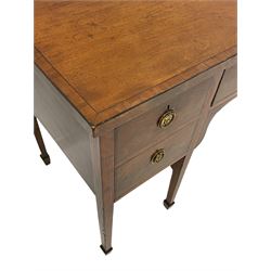 George III mahogany straight front sideboard, rectangular top with crossbanding, fitted with three drawers, on square tapering supports with spade feet