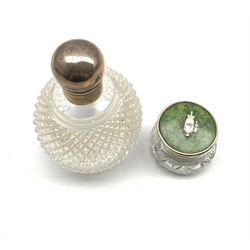 Victorian clear glass scent bottle of globular form with white metal screw on lid inscribed 'Gladys', the body with hobnail decoration, H13cm and a cut glass dressing table jar with shagreen inset and silver-mounted lid (2)
