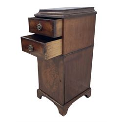 Georgian inlaid mahogany pedestal, shaped cavetto top with moulded reeded edge, fitted with two drawers over cupboard, each crossbanded with boxwood and ebony stringing, on bracket feet