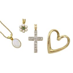 Gold diamond cross pendant, gold opal pendant necklace, heart pendant and a paste stone flower pendant, all 9ct