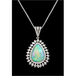 Silver pear cut opal and round brilliant cut diamond cluster pendant necklace, opal approx 3.40 carat, total diamond weight approx 0.85 carat