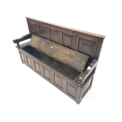 18th century and later joined oak hall settle, with panelled back and front, hinged seat, shaped arm rests and raised on stile supports, W180cm, H106cm, D49cm