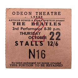 The Beatles ticket stub, Presented by Arthur Howes & Brian Epstein at the Odeon Theatre Leeds, 2nd Performance 8-30 p.m Thursday, October 22, 1964
