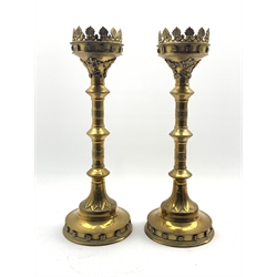  Pair of large Gothic style brass pricket candlesticks, H50cm  