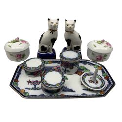 Pair of Meissen porcelain vases and covers, each hand painted with roses and rose knops H11cm, pair of Staffordshire style cats, together with a Losol Ware 'Blantyre' pattern dressing table set 