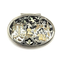 18th century silver oval box, the tortoiseshell cover inlaid with Chinese figures and landscape in silver, gold and mother of pearl and with a tortoiseshell base W8cm, hinge needs reattaching