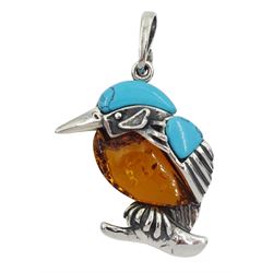 Silver turquoise and Baltic amber kingfisher pendant, stamped 925 