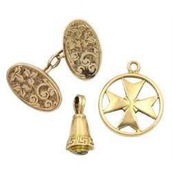 18ct gold cross charm, 14ct gold pendant and one 9ct gold cufflink, stamped or tested 