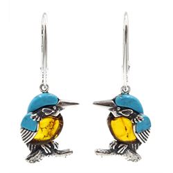 Pair of silver Baltic amber and turquoise kingfisher pendant earrings, stamped 925