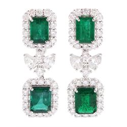 Pair of 18ct white gold octagonal cut emerald, pear cut and round brilliant cut diamond cluster pendant stud earrings, stamped, total emerald weight appro 4.85 carat, total diamond weight approx 2.85 carat