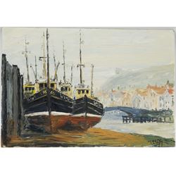Jack Rigg (British 1927-): Boats before the Swing Bridge at Whitby, oil on board signed, further signed and dated 1968 verso 38cm x 56cm (unframed)