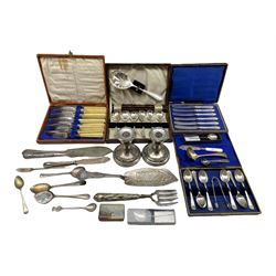 Pair of late Victorian silver-plated dwarf candlesticks, set of six Victorian ivory handled fish knives and forks, wooden box painted with a Swiss Alpine landscape, Victorian silver-plated bread fork, the handle relief moulded with fish, cased cutlery sets and other plate etc