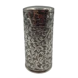 Edwardian silver cylindrical scent flask engraved with scrolls and trailing leaves, hinged cover with interior glass stopper H7cm Birmingham 1906 Makers mark S C B