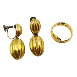 Gold snake ring stamped 15. 625 and a pair of Victorian 19ct gold pendant screw back earrings