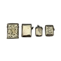 Edwardian silver vesta case engraved with initials Chester 1901 Maker William Aitken, another Birmingham 1910, a small vesta Chester 1902 and a plated slide action vesta case (4)