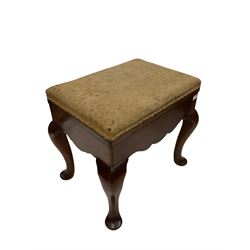 19th century mahogany stool, the hinged lifting lid over cabriole supports 
