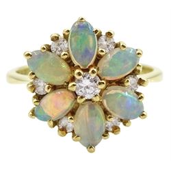 18ct gold round oval opal and round brilliant cut diamond cluster ring, London 1983