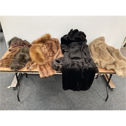 A box of simulated furs, together with a dress makers dummy 