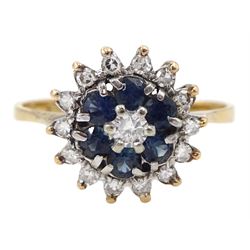 18ct gold sapphire and diamond cluster ring, stamped 