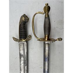 Georgian 1796 pattern infantry officers sword, the blade inscribed 'Woolley and Co' with engraved 80.5cm blade, GR crowned cypher, gilt hilt with D shape knuckle guard and wire wound grip, together with a cavalry sword (af)
