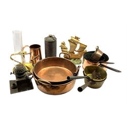 Various 19th Century and later copper and brass pans, cast metal oil lamp by the Lamp Manufacturing Company and other metalware 