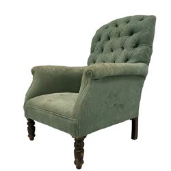 Edwardian oak framed armchair, upholstered in buttoned pale teal fabric with sprung seat