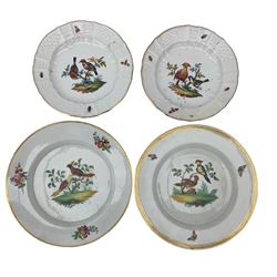 Four 19th century bird decorated porcelain plates, including pair of Dresden side plates, with basket weave borders, underglaze blue Augustus Rex marks, D19.5cm, and two Berlin plates, blue underglaze marks, each decorated with exotic birds, D23.5cm (4)